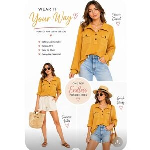 Bibi Waffle Knit Mustard Yellow Top Button Front Pockets Long Sleeve Large